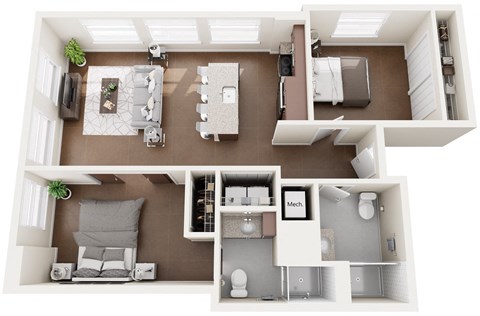 Floor plan for 2 beds, 2 baths, 960 sqft
